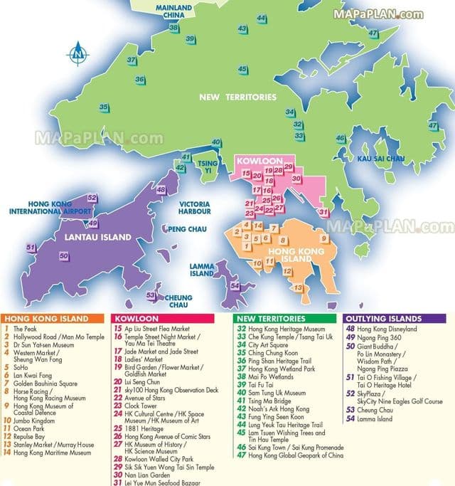 Karte mit Sehenswürdigkeiten in Hongkong